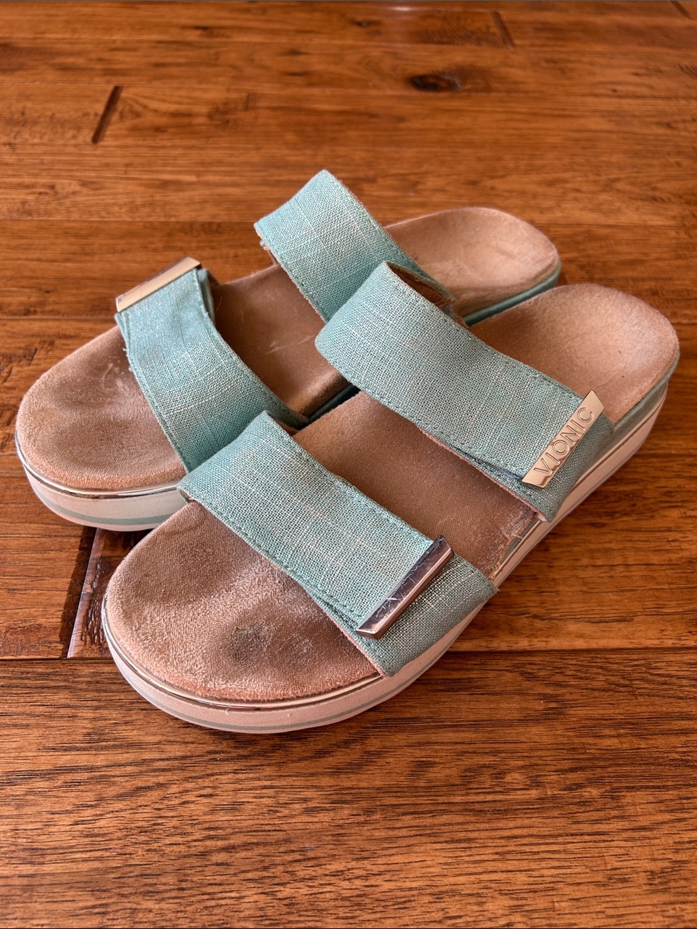 Vionic Brandie Platform Slide Sandals Aqua Linen Orthotic Comfort Size 11 - Picture 4 of 10